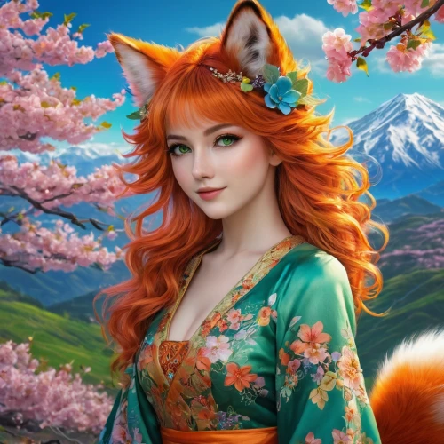 kitsune,cute fox,fantasy picture,fox,fantasy portrait,garden-fox tail,adorable fox,spring background,springtime background,fantasy art,foxxy,amaterasu,a fox,foxen,flower background,foxxx,beautiful girl with flowers,foxl,japanese sakura background,kurama,Photography,General,Fantasy