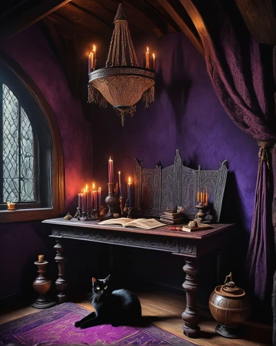 witch's house,inglenook,scriptorium,ornate room,witch house,gothic style,victorian room,dark cabinetry,caius,ravenloft,cauldrons,potions,witchery,pureblood,fantasy picture,diagon,candle wick,caldron,wizarding,writing desk,Photography,Documentary Photography,Documentary Photography 14