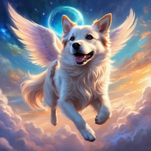 dog angel,samoyedic,twitch icon,shoob,inu,pugmire,angel,lumi,flying dog,sparapet,zwei,angelman,telegram icon,angelito,ori,corgi,companion dog,anjo,show off aurora,yukai,Illustration,Realistic Fantasy,Realistic Fantasy 01