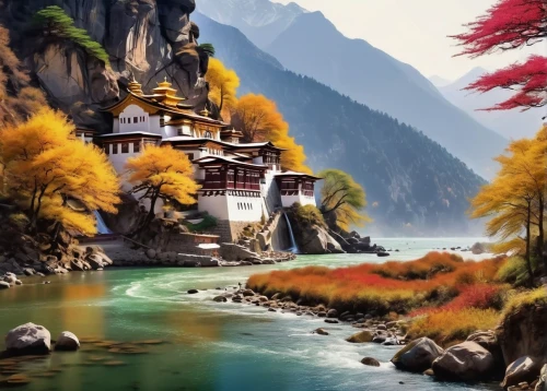 autumn landscape,autumn mountains,river landscape,autumn scenery,lijiang,fall landscape,landscape background,fantasy landscape,mountain landscape,autumn background,japan landscape,house in mountains,world digital painting,wenchuan,beautiful landscape,yunnan,jiuzhaigou,tianchi,mountainous landscape,asian architecture,Illustration,Retro,Retro 08