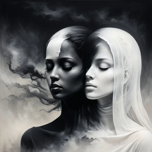 priestesses,gothic portrait,mourners,dark art,hekate,whisperers,dualities,mirror of souls,opposites,duality,souls,duplicity,melancholia,sorceresses,dualism,gothika,yinyang,muses,canonesses,idealised,Illustration,Realistic Fantasy,Realistic Fantasy 17