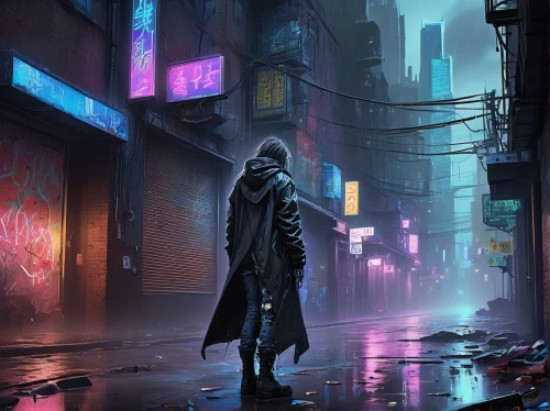 cyberpunk,neuromancer,alleyway,shadowrun,noir,cybercity,bladerunner,alley,cyberpunks,cyberworld,neo,alleyways,urban,synthetic,kamurocho,walking in the rain,kinkade,dystopian,cityscape,arkham,Conceptual Art,Fantasy,Fantasy 01