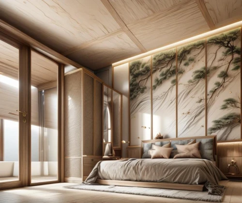 bamboo curtain,japanese-style room,sleeping room,modern room,wooden sauna,patterned wood decoration,wallcoverings,3d rendering,interior modern design,modern decor,wooden wall,interior decoration,wooden beams,laminated wood,bedroom,great room,contemporary decor,luxury home interior,bedrooms,interior design