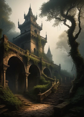 monastery,fantasy landscape,monasteries,witch's house,theed,morrowind,castle of the corvin,ancient house,ravenloft,the mystical path,fantasy picture,ancient city,ghost castle,hall of the fallen,rivendell,briarcliff,haunted castle,neverwinter,riftwar,haunted cathedral,Art,Classical Oil Painting,Classical Oil Painting 35