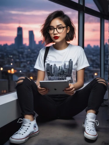 girl in t-shirt,women in technology,skrillex,programadora,girl at the computer,urbanfetch,girl studying,girl sitting,geekcorps,nerdy,natashquan,city ​​portrait,community manager,laptop,angelenos,above the city,inntrepreneur,photo session at night,reading glasses,blogger icon,Conceptual Art,Fantasy,Fantasy 20