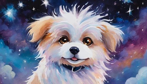 dog illustration,pet portrait,watercolor dog,havanese,dog drawing,star sky,starry sky,dog angel,digital painting,orion,starry,constellation wolf,astro,comet,hubble,australian shepherd,custom portrait,shih tzu,constellation,venkman,Conceptual Art,Oil color,Oil Color 20