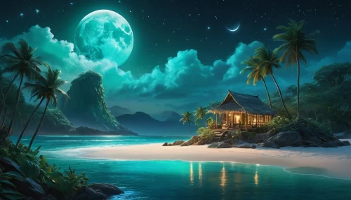 ocean paradise,fantasy picture,tropical house,ocean background,moon and star background,landscape background,moonlit night,tropical sea,tropical island,an island far away landscape,dream beach,emerald sea,fantasy landscape,tropical beach,delight island,night scene,beach landscape,moonlight,cartoon video game background,full hd wallpaper,Photography,General,Natural
