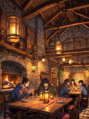 alpine restaurant,hogsmeade,tavern,rathskeller,rathauskeller,taverns,blacksmiths,inglenook,tavernas,gastropub,pub,hobbiton,a restaurant,wine tavern,riftwar,alpine village,bavarian dinner,taverne,brewpub,restaurant,Illustration,Japanese style,Japanese Style 04