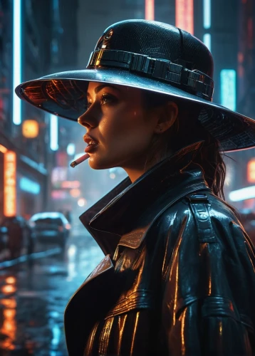 bladerunner,noir,leather hat,cyberpunk,ilsa,kolin,the hat-female,policewoman,zofia,markus,elektra,replicants,kommissar,replicant,joanne,film noir,femme fatale,raiden,aphra,cinematic,Photography,General,Sci-Fi