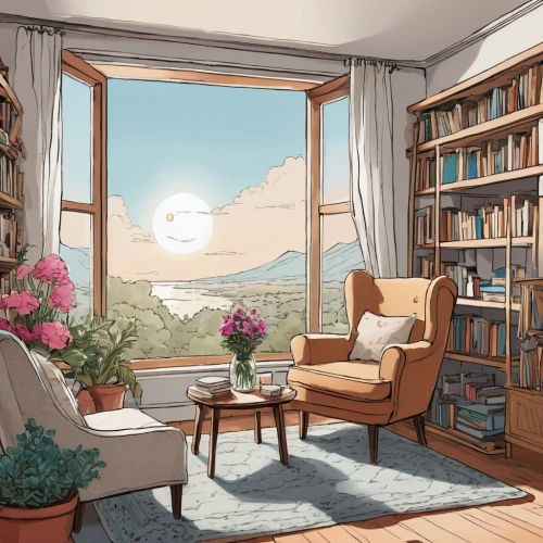 sunroom,reading room,study room,livingroom,sky apartment,bookcase,modern room,bookcases,roominess,home corner,apartment,danish room,living room,sitting room,room,an apartment,bookshelves,giaimo,japanese-style room,nook