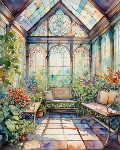 conservatory,sunroom,greenhouse,dandelion hall,watercolor background,winter garden,greenhouse cover,robins in a winter garden,flower booth,glasshouse,nursery,violet evergarden,ornate room,bay window,flower garden,flower shop,indoor,houseplants,big window,watercolor cafe,Illustration,Paper based,Paper Based 25