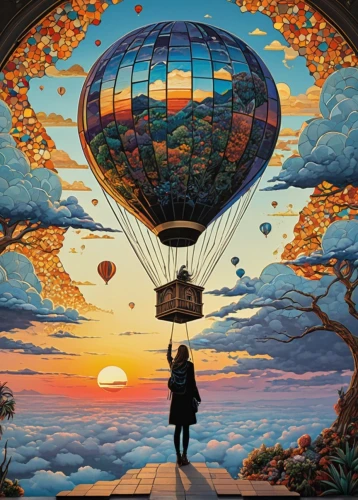 balloon trip,ballooning,balloonist,balloonists,paraglider sunset,colorful balloons,balloon,parachuting,fantasy picture,fantasy art,gas balloon,ballon,montgolfier,dream art,parachute,skycycle,balloon fiesta,surrealism,parachutist,balloons flying,Illustration,Black and White,Black and White 01