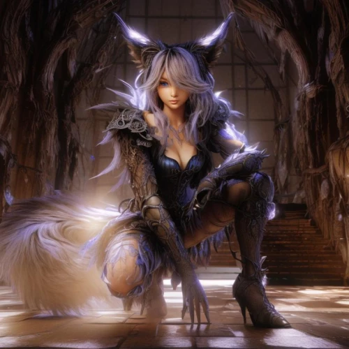 demoness,blackwolf,dark elf,fantasy picture,fantasy art,sorceress,kitsune,fenrir,sandahl,aion,furgal,white fox,huntress,saturnyne,fantasy animal,nyx,dark angel,black cat,the enchantress,fantasy woman