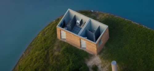 inverted cottage,sunken church,cube stilt houses,island suspended,floating huts,snohetta,bjarke,flying island,cube house,house with lake,malaparte,floating island,aerial landscape,take-off of a cliff,house in mountains,dunes house,miniature house,cubic house,mirror house,view from above,Photography,General,Realistic