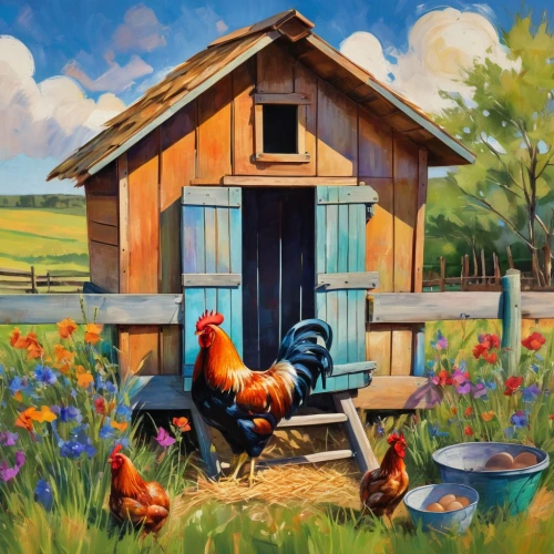 chicken coop,a chicken coop,chicken yard,backyard chickens,chicken coop door,farm hut,gallo,domestic chicken,homesteading,homesteader,ravensburger,chicken farm,cockerel,farmstand,country cottage,homesteaders,lachapelle,farm house,house painting,farm background,Conceptual Art,Oil color,Oil Color 25