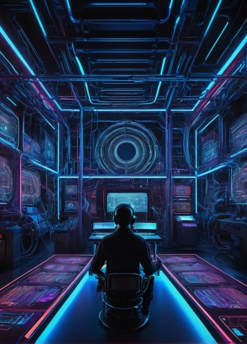 ufo interior,computer room,spaceship interior,tron,cyberscene,cyberpunk,cyberia,blue room,cyberspace,cyberview,cyber,digitalism,cyberworld,cyberian,3d background,futuristic,synth,technophobia,cyberpatrol,cybersmith,Illustration,Abstract Fantasy,Abstract Fantasy 21