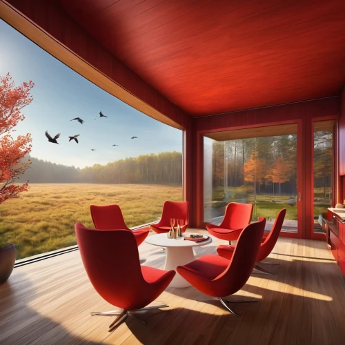 breakfast room,landscape red,outdoor table and chairs,outdoor dining,red tablecloth,oticon,summer house,sunroom,breakfast table,outdoor furniture,red bench,mid century house,dunes house,autumn decor,home landscape,mid century modern,dining table,patio furniture,the cabin in the mountains,snohetta,Illustration,Realistic Fantasy,Realistic Fantasy 01