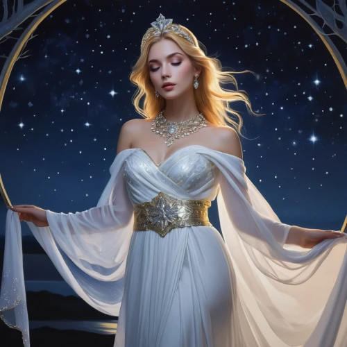 galadriel,sigyn,frigga,queen of the night,the snow queen,fantasy picture,star mother,aphrodite,fantasy portrait,zodiac sign libra,white rose snow queen,amalthea,etheria,fantasy woman,melian,priestess,ashtar,estess,satine,amphitrite,Conceptual Art,Oil color,Oil Color 13