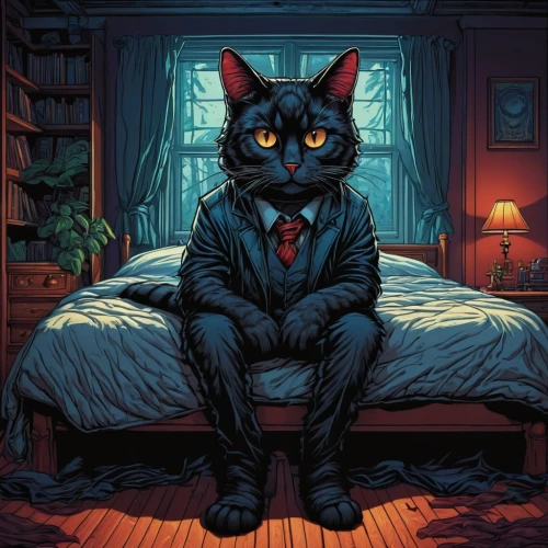 bulgakov,nightclothes,gato,bluesier,black cat,blacksad,mehitabel,killorin,salem,felino,soir,oscura,the cat,pip,familiar,unkei,dark suit,red cat,alberty,nederpelt,Illustration,Realistic Fantasy,Realistic Fantasy 25