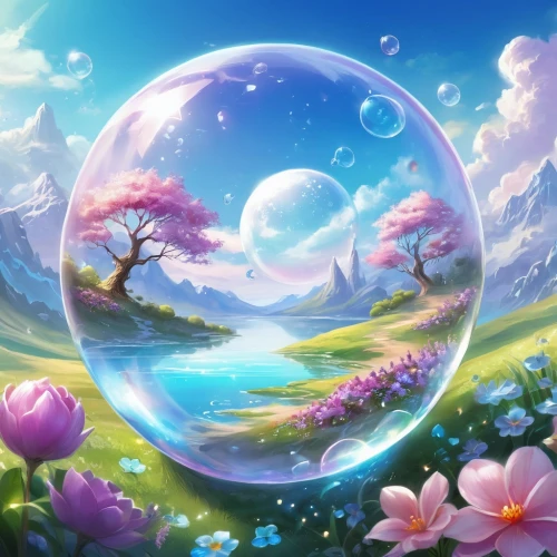 fairy world,spring background,springtime background,landscape background,fantasy landscape,soap bubble,easter background,fantasy picture,children's background,soap bubbles,dream world,giant soap bubble,crystal ball,waterglobe,nature background,fantasy world,cartoon video game background,fairyland,3d fantasy,crystalball,Illustration,Realistic Fantasy,Realistic Fantasy 01