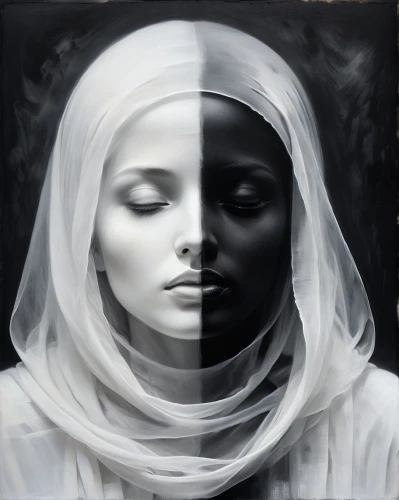 white lady,duality,veils,veil,dualities,gemini,veiled,gothic portrait,vesica,mystical portrait of a girl,diptych,priestesses,mirror of souls,yinyang,white figures,separateness,meridians,yin yang,rankin,converge,Illustration,Realistic Fantasy,Realistic Fantasy 17