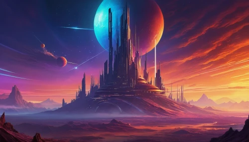 futuristic landscape,gallifrey,fantasy landscape,homeworld,citadels,farpoint,barsoom,alien world,alien planet,coruscant,homeworlds,stellaris,wildstar,fantasy picture,ringworld,kharkh,space art,fantasia,skyreach,skyterra,Illustration,American Style,American Style 07