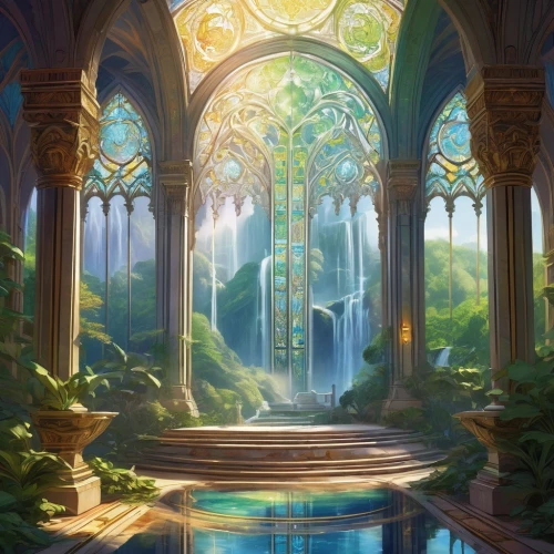 alfheim,rivendell,sanctuary,hall of the fallen,sanctum,fantasy landscape,seregil,underwater oasis,fantasy picture,silverglade,dandelion hall,gondolin,wishing well,deltora,karakas,fablehaven,idyll,labyrinthian,reynir,fairy world,Illustration,Vector,Vector 03