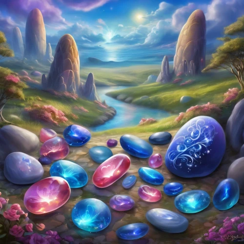 background with stones,colored stones,gemstones,healing stone,dreamstone,fantasy landscape,fantasy picture,precious stones,fairy galaxy,stone background,zoombinis,crystal egg,water pearls,fairy world,easter background,blue spheres,smooth stones,semiprecious,ostara,arkenstone,Illustration,Realistic Fantasy,Realistic Fantasy 02
