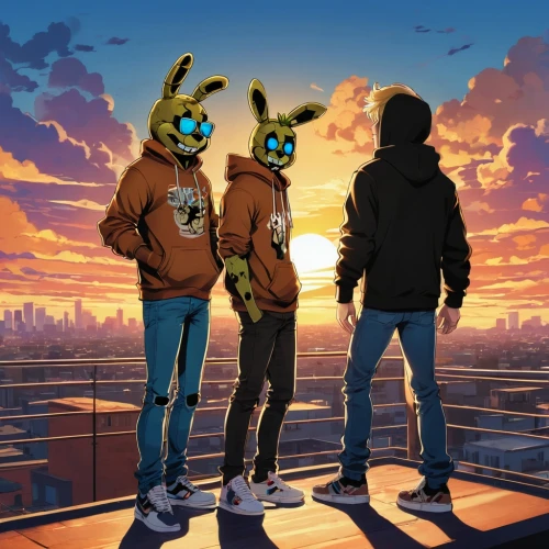 suiters,gazelles,above the city,hipotecario,dusk background,kontopirakis,gorillaz,kickapoos,brisbois,sheinwold,cangaroo,kangaroos,hoodies,skywatchers,hoodie,overlords,denizens,atunyote,moc chau hill,myxomatosis,Illustration,Black and White,Black and White 31