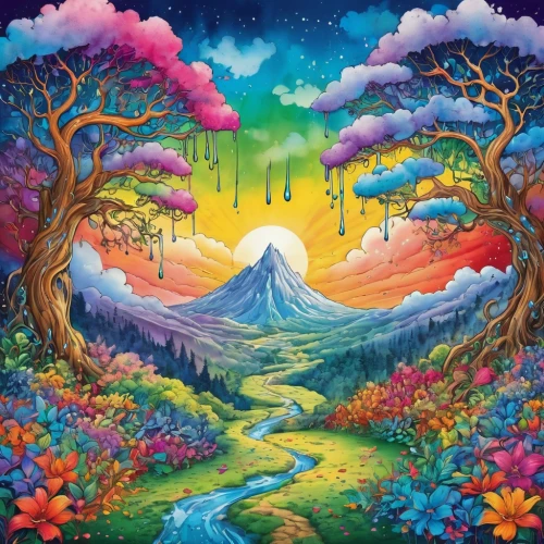 colorful tree of life,colorful background,dmt,mushroom landscape,oteil,fairy world,fantasy landscape,fairy village,unicorn background,fairy forest,landscape background,the mystical path,fantasy picture,rainbow world map,beltane,garden of eden,tanabata,rainbow background,background colorful,mountain scene,Conceptual Art,Graffiti Art,Graffiti Art 08