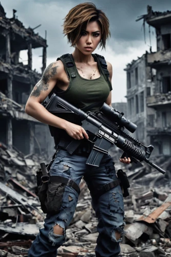 bsaa,bulletgirl,warfighter,counterinsurgent,lara,girl with gun,woman holding gun,girl with a gun,post apocalyptic,cloverland,homefront,motoko,holtzman,repopulation,revy,underarmed,mgo,civilian,romanoff,beckinsale,Illustration,Japanese style,Japanese Style 18