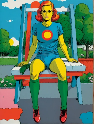 miracleman,cool pop art,marvelman,pop art woman,popart,barda,warhols,clowes,kitaj,pop art style,modern pop art,captain marvel,chairwoman,kupperman,pop art girl,superheroine,mckelvie,man on a bench,woman sitting,super heroine,Illustration,American Style,American Style 15