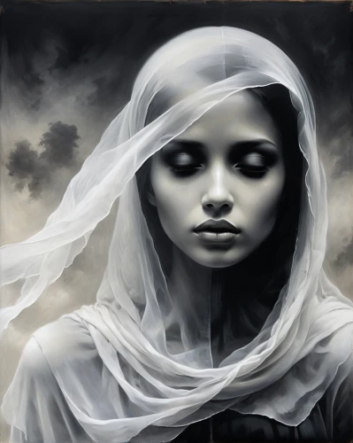 rone,mystical portrait of a girl,ghostley,veiled,grisaille,silvered,persephone,white lady,isoline,veils,behenna,llorona,inviolate,siggeir,priestess,world digital painting,gothic portrait,ghost girl,nimue,inanna,Illustration,Realistic Fantasy,Realistic Fantasy 17