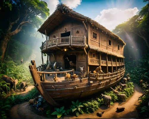 stilt house,pirate ship,houseboat,caravel,voyaged,treehouse,neverland,fantasy picture,floating huts,voyaging,voyages,stilt houses,tumblehome,amazonica,tree house hotel,sarastro,floating islands,voyage,wooden boat,3d fantasy,Photography,General,Fantasy