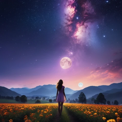 fantasy picture,cosmos field,astronomy,universe,moon and star background,stargazer,the universe,cosmic flower,cosmos,universo,dreamscape,the night sky,astronomical,starry sky,astronomer,flowers celestial,night sky,celestial phenomenon,univers,magellanic,Photography,General,Realistic