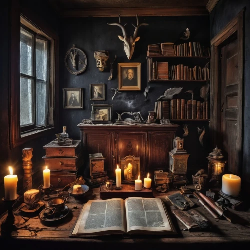 scriptorium,study room,victorian room,danish room,apothecary,consulting room,schoolroom,dark cabinetry,writing desk,spellbook,witch's house,candlemaker,antiquarian,reading room,vestry,inglenook,abandoned room,miniaturist,antiquarians,antiquary,Unique,Design,Knolling