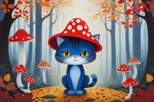 alberty,blue mushroom,toadstool,panther mushroom,toadstools,cartoon cat,filbert,cat on a blue background,amanita,muscaria,autumn background,halloween cat,miro,forest mushroom,felino,mushroom hat,mushroom landscape,mohan,gato,red mushroom,Illustration,Retro,Retro 26