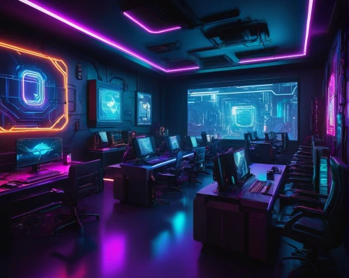 computer room,ufo interior,spaceship interior,neon coffee,cyberia,cyberscene,cybertown,cyberpunk,game room,nightclub,spaceland,cybercafes,3d render,neon,neon light,the server room,working space,cyberport,cybercity,80's design,Conceptual Art,Fantasy,Fantasy 15