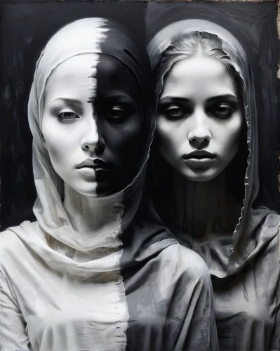 rone,priestesses,norns,monjas,helnwein,canonesses,westerfeld,gothic portrait,triptych,handmaidens,sorceresses,maidens,duplicity,rhinemaidens,muses,underpainting,mirror image,matriarchs,matryoshka,hekate,Illustration,Realistic Fantasy,Realistic Fantasy 17