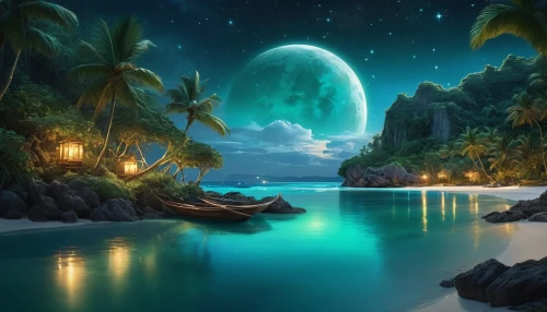 ocean paradise,emerald sea,fantasy picture,moon and star background,ocean background,tropical sea,full hd wallpaper,fantasy landscape,an island far away landscape,alien planet,tropical island,bioluminescent,underwater oasis,moonlit night,alien world,moon at night,futuristic landscape,landscape background,beautiful wallpaper,tropics,Photography,General,Natural
