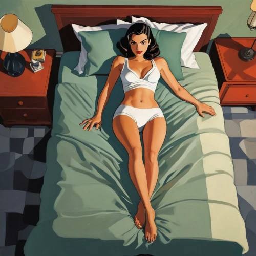 woman on bed,vettriano,girl in bed,wesselmann,bedspread,pin-up girl,retro pin up girl,woman laying down,premenstrual,donsky,retro woman,bedspreads,retro women,bed linen,bedclothes,bedsheets,bedsheet,cool pop art,pin up girl,gangloff,Illustration,American Style,American Style 09