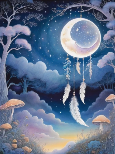 moonbeams,hanging moon,moon and star background,imbolc,crescent moon,moon and star,dreamtime,moonchild,stars and moon,moon phase,dreamscapes,moonlit night,dream catcher,moonbeam,fairie,fantasy picture,fairies aloft,moon night,faery,winter dream,Illustration,Black and White,Black and White 13