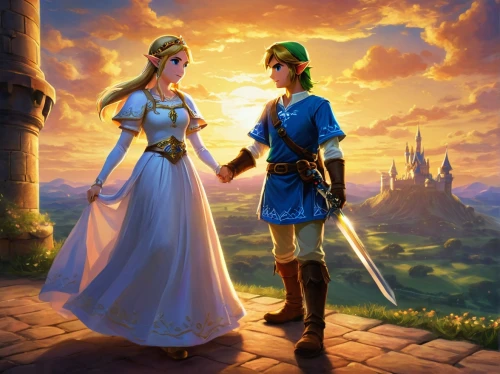 lufia,hyrule,link,zelda,fairy tale,a fairy tale,fantasy picture,fairytale,princedoms,romantic scene,eilonwy,prince and princess,innes,rupees,zellar,game illustration,fairytales,horrobin,throughout the game of love,romantic meeting,Art,Artistic Painting,Artistic Painting 08