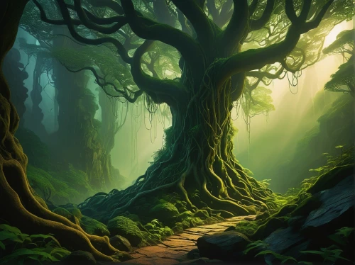 mirkwood,elven forest,fangorn,forest tree,enchanted forest,forest path,fairytale forest,forest landscape,fairy forest,radagast,celtic tree,druidism,tree canopy,holy forest,magic tree,the roots of trees,forest road,arboreal,the mystical path,druidic,Art,Artistic Painting,Artistic Painting 08