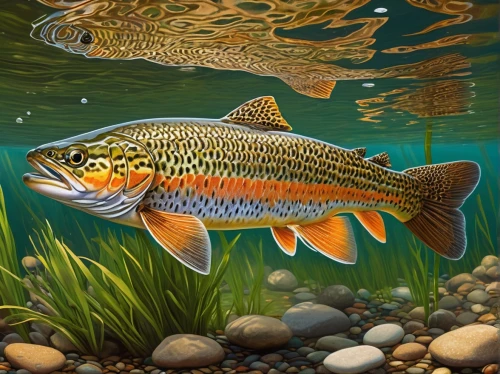 fjord trout,muskellunge,brocade carp,brooktrout,rasbora,common carp,etheostoma,micropterus,forest fish,rainbow trout,freshwater fish,menhaden,fillebrown,pumpkinseed,oncorhynchus,trout breeding,barramundi,rapala,fundulus,redfish,Illustration,Realistic Fantasy,Realistic Fantasy 25