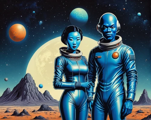 emshwiller,sci fiction illustration,spacesuits,moonbase,spacemen,afrofuturism,uncredited,spacewalkers,cosmonauts,mysterians,celestials,planeteers,earthmen,voyagers,planum,blue moon,tycho,biotic,extraterrestrials,binary system,Conceptual Art,Sci-Fi,Sci-Fi 20