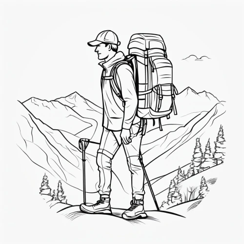 hiker,backpacking,backpacked,venturer,backpacker,hikers,coloring page,trail searcher munich,alpinist,mountain hiking,adventurer,rucksacks,backpackers,mountaineer,summer line art,rucksack,hiking,tramping,alpinists,trekking,Illustration,Black and White,Black and White 04