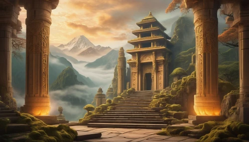 fantasy landscape,ancient city,hall of the fallen,fantasy picture,temples,tirith,sanctum,white temple,ancient buildings,stone palace,shrines,citadels,labyrinthian,ancient house,world digital painting,fantasy art,poseidons temple,erebor,stone pagoda,shambhala,Illustration,Vector,Vector 18