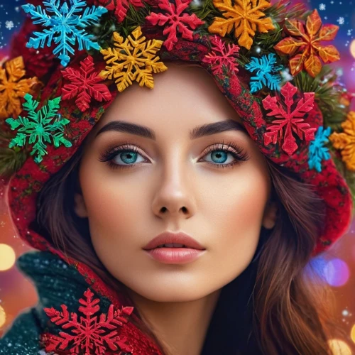 christmas woman,girl in a wreath,christmas flower,colorful floral,retro christmas girl,colorful background,christmas snowy background,winter background,christmas colors,flower of christmas,wreath of flowers,retro christmas lady,snowflake background,floral wreath,christmas background,myfestiveseason romania,wreath,flower christmas,christmas wreath,christmas wallpaper,Photography,General,Commercial