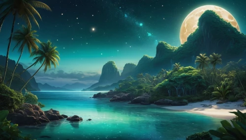 fantasy picture,fantasy landscape,an island far away landscape,ocean paradise,moon and star background,landscape background,tropical sea,tropical island,ocean background,full hd wallpaper,cartoon video game background,emerald sea,nature background,crescent moon,beautiful wallpaper,islands,paradises,dolphin background,mermaid background,nature wallpaper,Photography,General,Natural